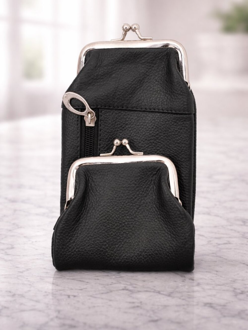 Women Genuine Leather Clutch Coin Purse, Black, BUY 2 GET 1 FREE